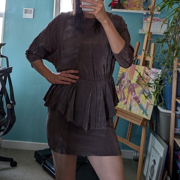 Vintage metallic-like purple mini dress with flattering hip skirt, size M - Picture 12 of 15